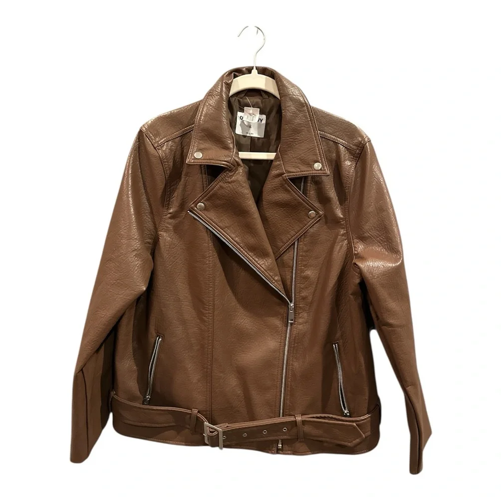 Old Navy Espresso Faux Leather Belted Biker Jacket XL - Picture 3 of 13